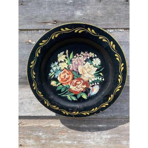 Antique 1930s Metal Toleware Hand Painted wall Plate Roses Flowers - Picture 1 of 16